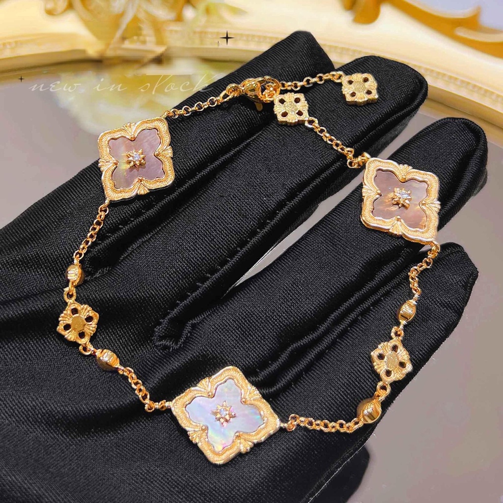 Goldkingdom Fashion Perhiasan Aksesoris Ready Stock Itali Burati Putih Fritillary Set French Vintage Four-leaf Clover Gelang Batu Akik Merah Kalung Cincin Telinga Giwang Perempuan