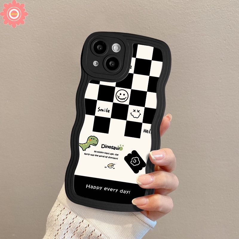 Casing Papan Catur Fashion Realme C53 C15 C25 C11 C30 9 9Pro+9i C25s 8i 5 6i 8 8Pro C33 C21Y C12 10 C25Y C17 C20 C3 7i 5i 7senyum Lucu Kartun Dinosaurus Lembut TPU Wavy Edge Case