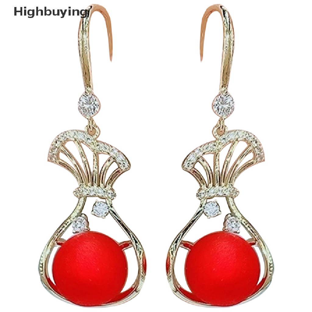 Hbid 1pasang Mode Baru Kebesaran Merah Putih Mutiara Drop Anting Untuk Wanita Berongga Vas Bentuk Zirkon Pernikahan Anting Perhiasan Hadiah Glory