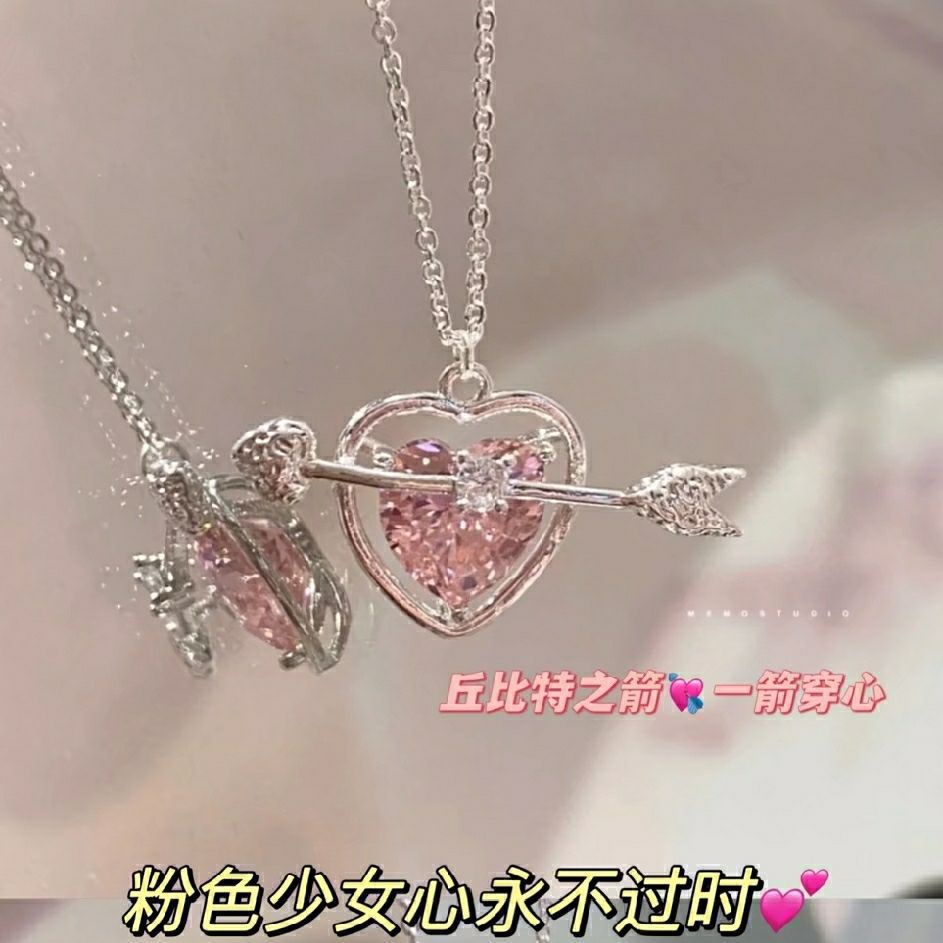 Sweet Pink Zircon Pendant Necklace Untuk Wanita Hati Perak Rantai Kalung Choker Y2K Aksesoris Perhiasan