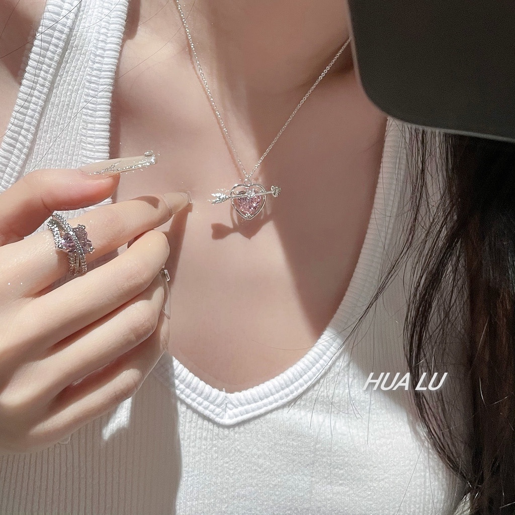 Sweet Pink Zircon Kalung Untuk Wanita Liontin Hati Perak Rantai Choker Pacar Perhiasan Y2K Aksesoris