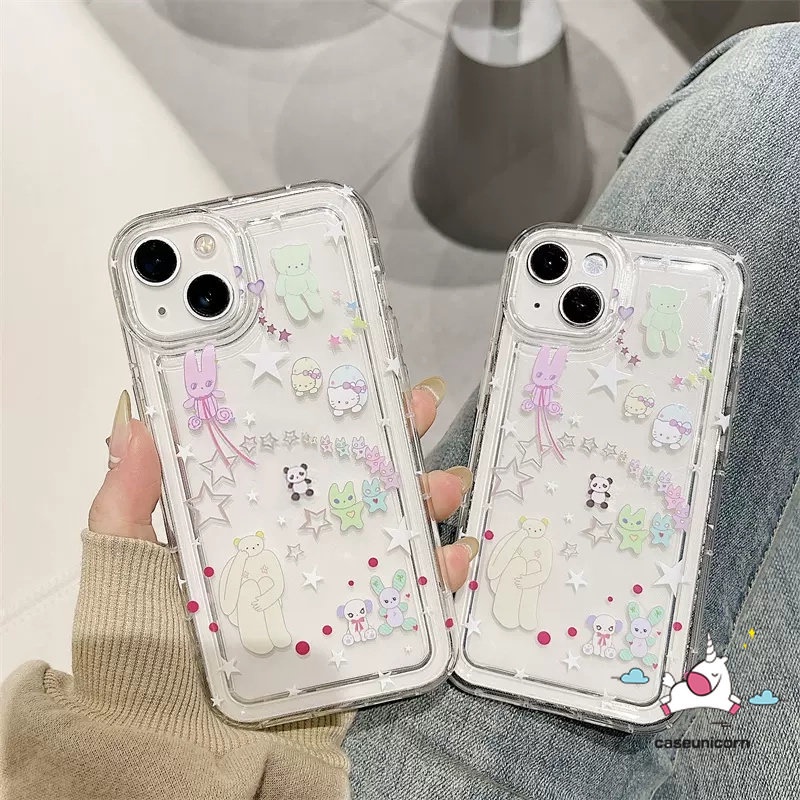 Airbag Shockproof Phone Case Kompatibel Untuk iPhone 7plus XR 11 14 13 12 Pro MAX 7 8 6 6S Plus X XS MAX 8plus SE 2020 Ins Korea Kartun Bintang Lucu Beruang Kitty TPU Lembut Bening Cover