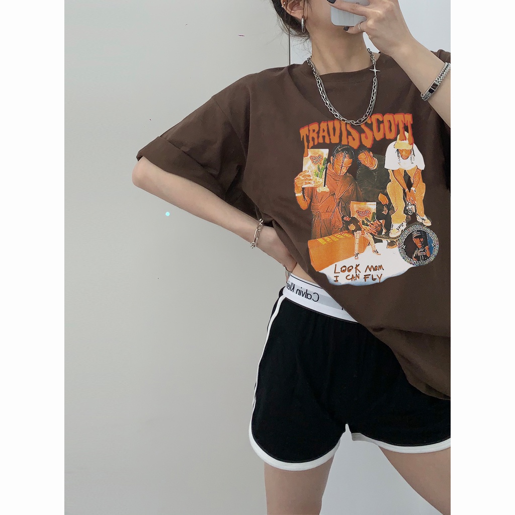 EUNII Brown T-shirt Lengan Pendek Retro Hip Hop Boy Printing Korean Style/Kaos Atasan Wanita/Baju Kaus Oversize Wanita/Kaos Wanita