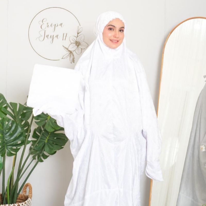 Mukena Terusan Dewasa Sutra Paris  Putih Bordir Mewah