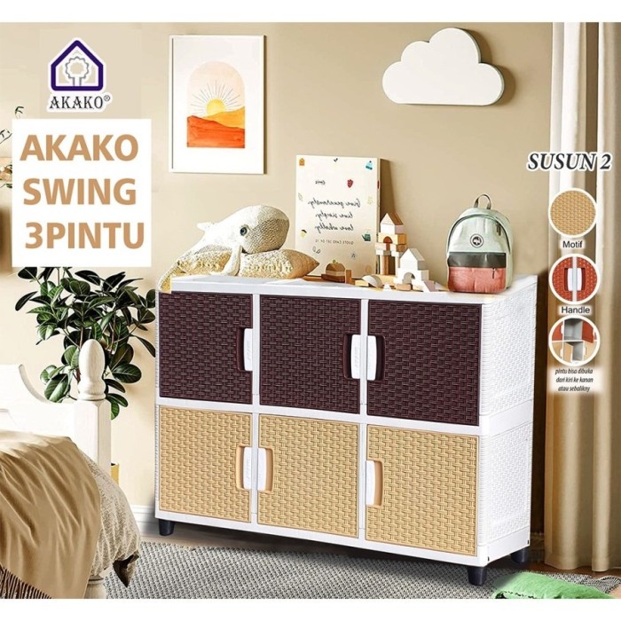 Terlaris Akako - Lemari Plastik Akako Swing 3 Pintu 2 Susun Motif Rotan