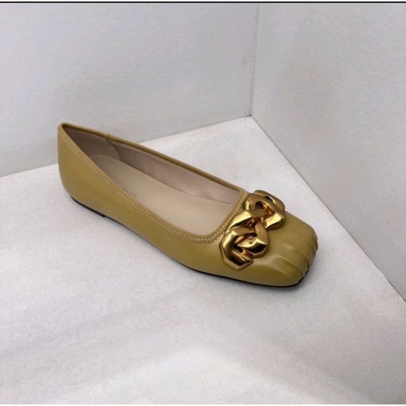 New Sepatu Shoes CK Ballerinas Ruched Square-Toe Chunky Mustard / SANDAL SEPATU FLAT ORIGINAL STORE 
