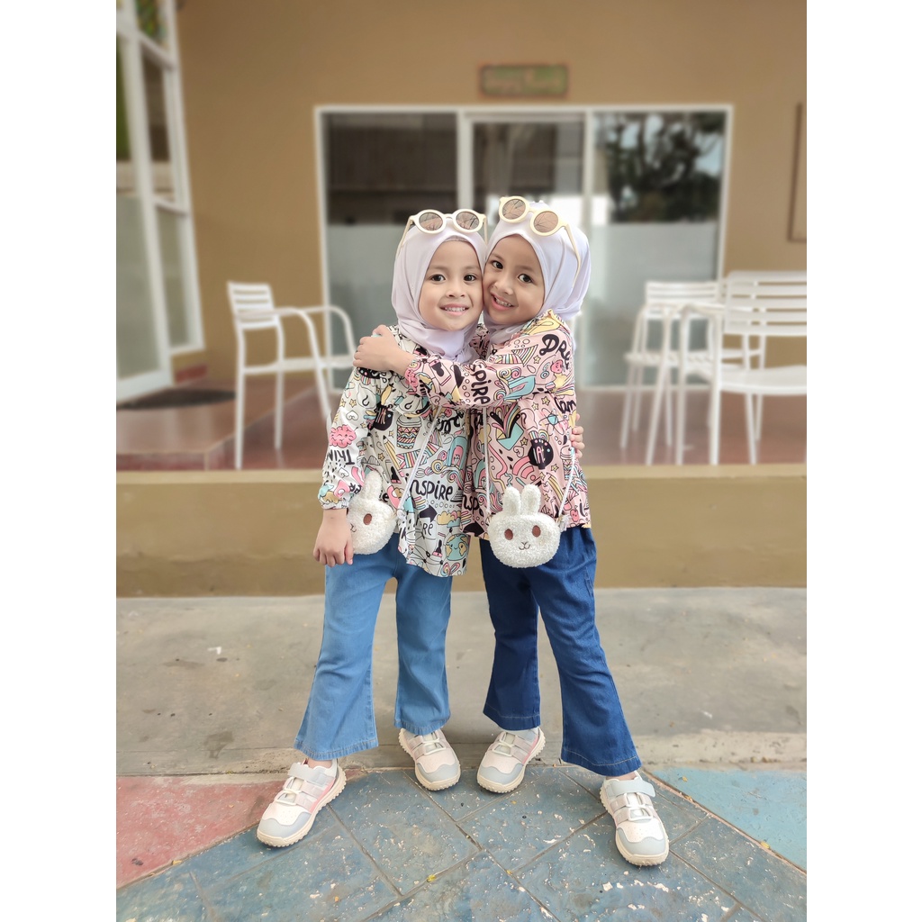 KALILA - RIBIE Setelan Baju Anak Perempuan Blouse + Celana Jeans Usia 1 - 7 Tahun