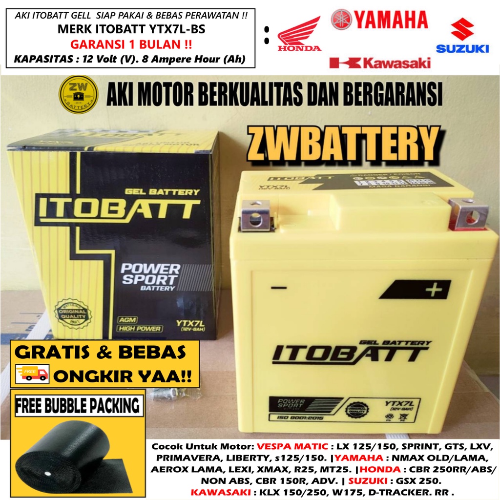 AKI MOTOR YAMAHA R25, XMAX, KLX 150, MT25, W175 YTX7L-BS ITOBATT GEL