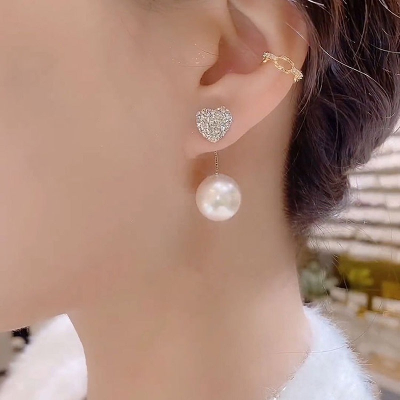 Jepang Jepang Korea Selatan Gaya Baru Mutiara Berlian Imitasi Cinta Hati Anting Satu Gaya Dua-Pakai Temperamen Anting Elegan