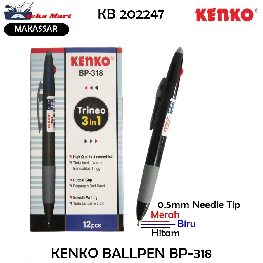 

[BOX/12PCS] KENKO BALLPEN BP-318 PEN 3 WARNA