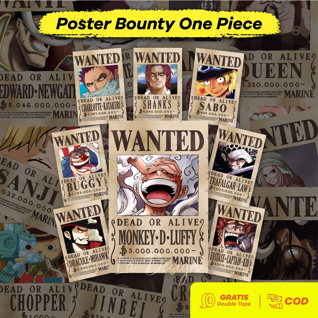 Poster Bounty One Piece Wanted 1 Set Crew Poster Dinding Kamar Aesthetic Anime One Piece Ukuran A6 A