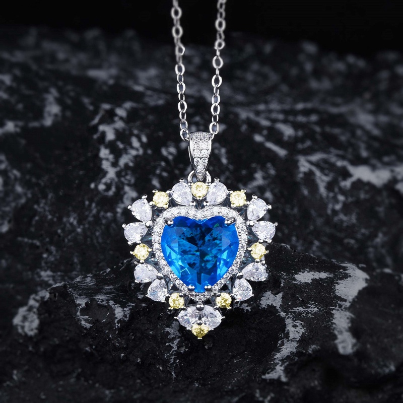 925 Sterling Silver Liontin Kalung Biru Laut Lab Topaz Liontin Kalung Dengan Rantai Wanita Choker Charms Fashion Perhiasan