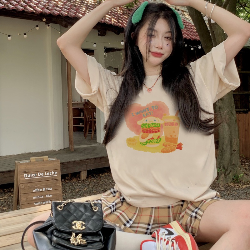 [3 Warna]Print T-shirt Kaos Lengan Pendek Cute Hamburger Dog Atasan Wanita Korean Style