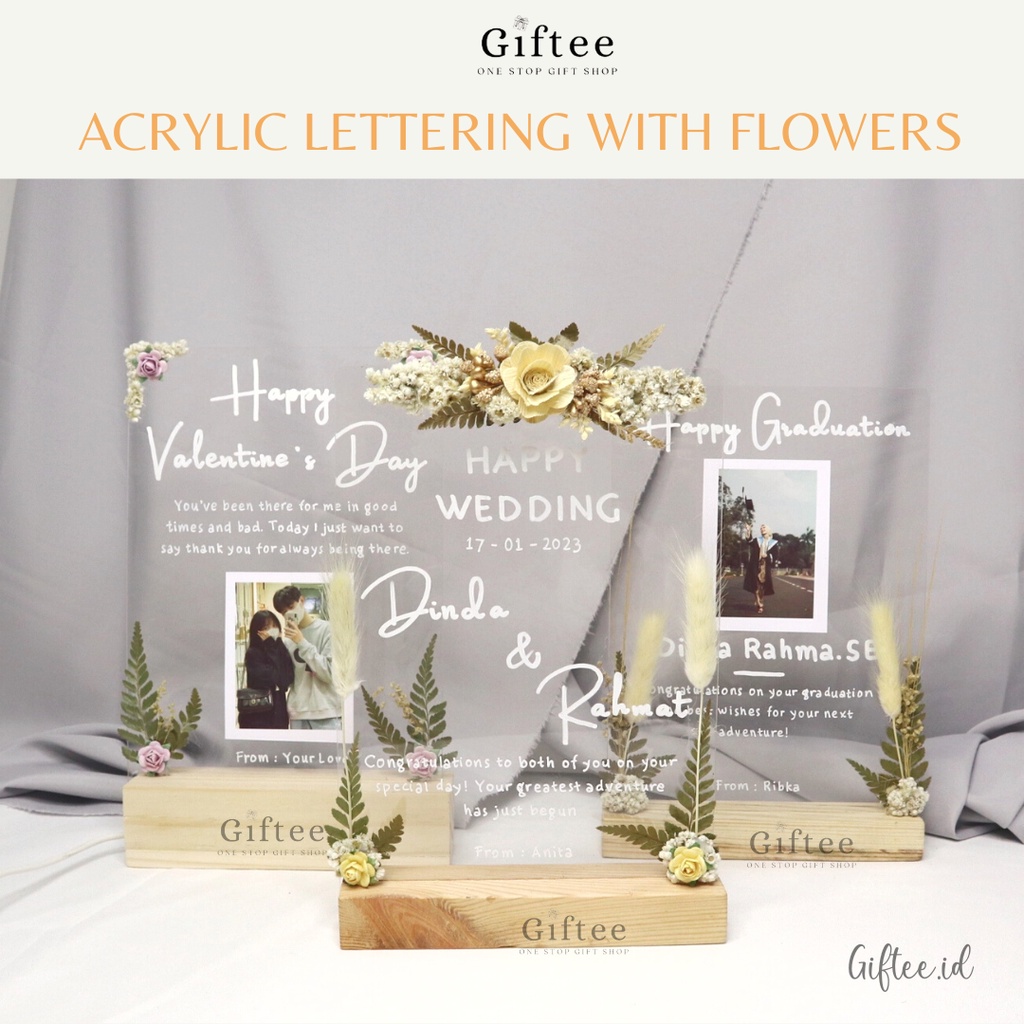 DRIED FLOWER CUSTOM ACRYLIC LETTERING WITH LAMP KADO VALENTINE AKRILIK TULISAN BUNGA KERING LAMPU LE