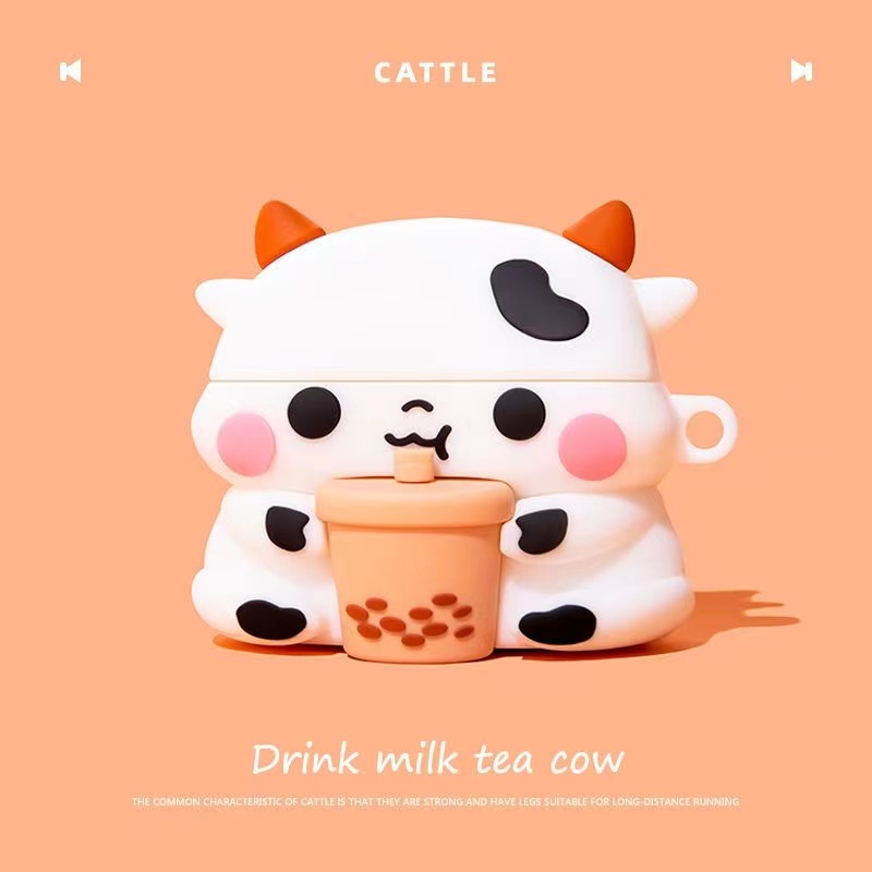 3D Cute Cow with Bubble Milk Tea Bluetooth Earphone Case Soft TWS Cover for Airpods 1 2 3 Airpods3 I12 inpods 12 Headphone Protector