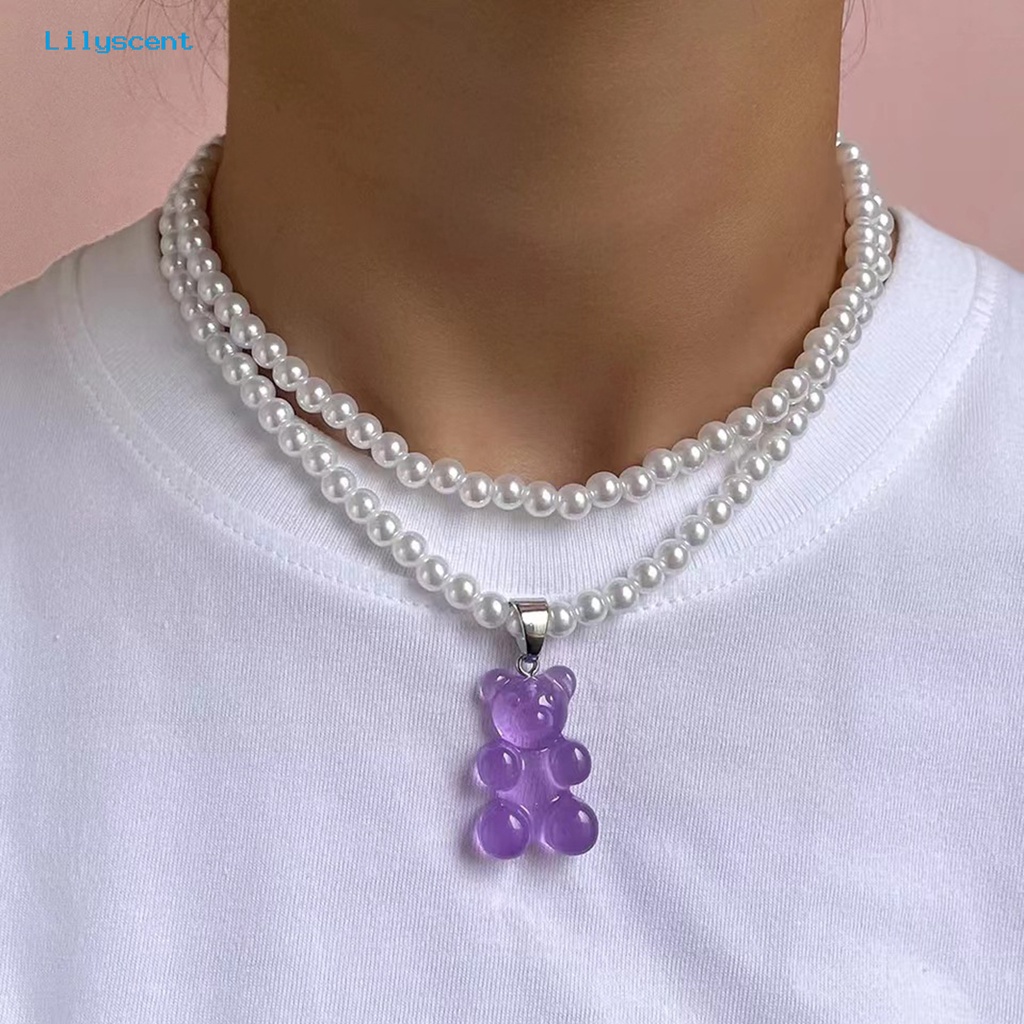 [LS] Liontin Kalung Double Layer Mutiara Imitasi Transparan High Gloss Finishing Terang Leher Dekorasi Aksesori Kreatif Permen Beruang Liontin Manik-Manik Kalung Untuk Pakaian Sehari-Hari