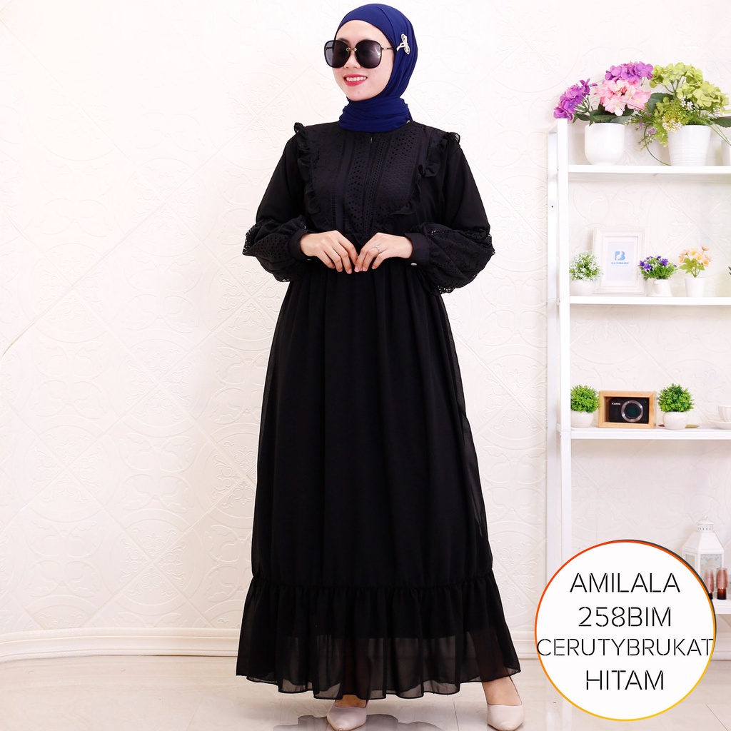 Gamis Busui Ceruty Brukat Ruffel Depan Lengan Balon Amilala D  2