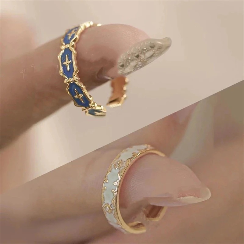 [Harga Grosir] Fashion Desain Indah Enamel Cincin Vintage Pasangan Cincin Perhiasan Yang Tidak Biasa Masa Kini Trendi Mewah Terbuka Cincin Yang Dapat Disesuaikan Retro Emas Enamel Proses Pola Cincin