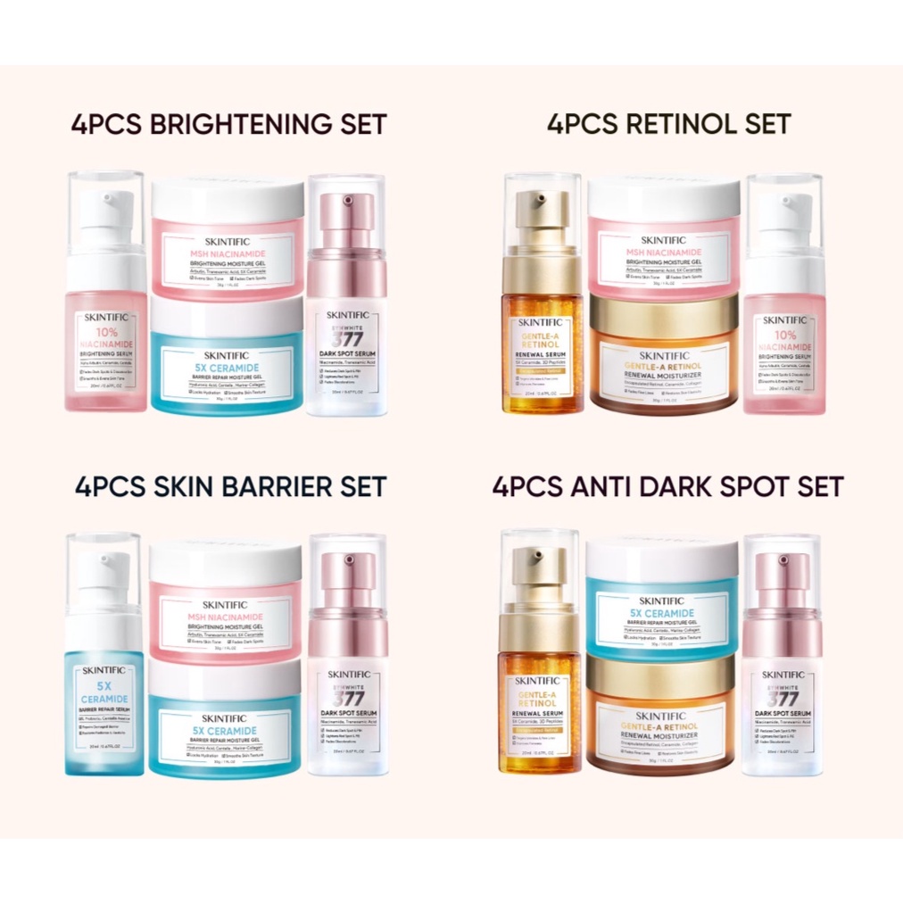 SKINTIFIC 4pcs Glowing Paket Skincare with MSH niacinamide Moisturizer - 5X Ceramide Barrier improve Moisturizer / 5X Ceramide Skin Barrier improve Serum &amp;  Serum Niacinamide 10% &amp; Anti Acne Serum &amp; SymWhite 377 Dark Spot Serum / Renewal Retinol Serum