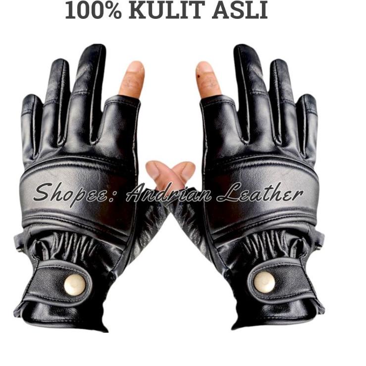 COD - Sarung Tangan Motor Kulit Asli Jari Bolong Gloves Half Finger Trendy