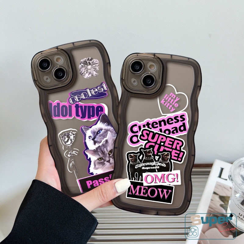 Untuk Redmi 12C 10 9T 10C 9a1 9A A1+10A 9C NFC Mi 11T Pro Redmi Note 11 10 10s 11s 8 9 11Pro 9s 10Pro Max POCO X3 NFC Pro M3 Merek Trendi Sticker Label Keren Kucing Bergelombang Soft Case Tepi