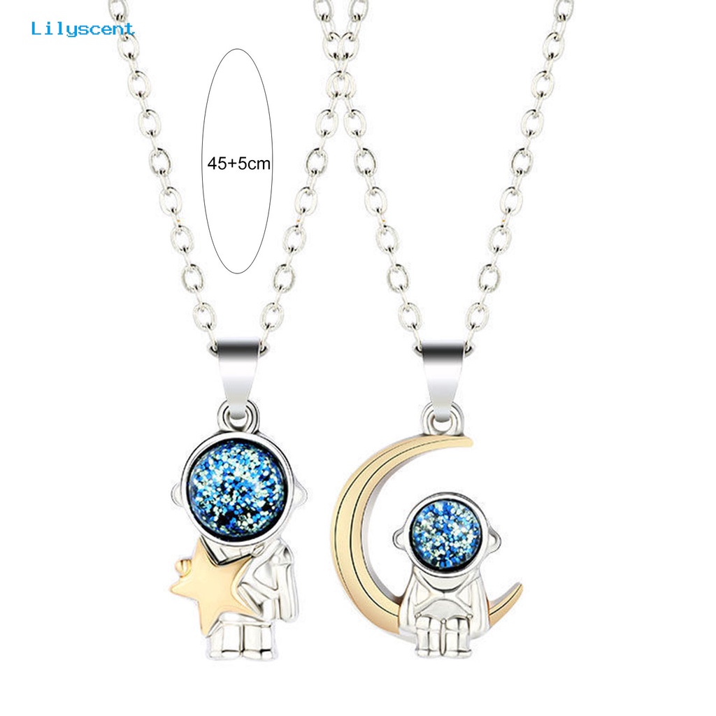 [LS] 2 Pcs O-Chain Adjustable Pasangan Kalung Alloy Ruang Astronot Bulan Liontin Persahabatan Kalung Perhiasan Aksesori