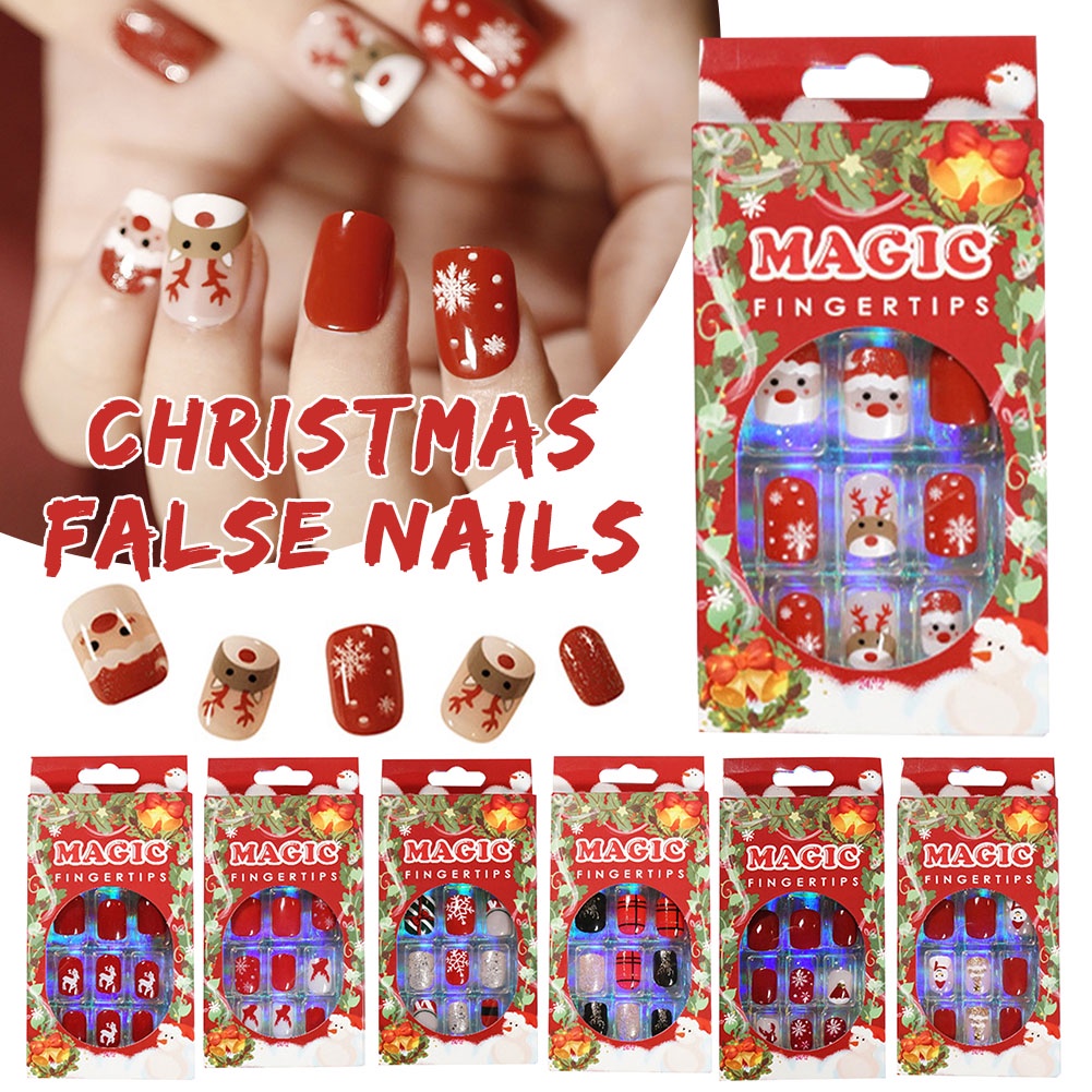 [100%ORIGINAL] 24 Pcs Kuku Palsu Motif Natal Free Lem 2gr/Fake Nail 3d Kuku Palsu Christmas Untuk Manicure