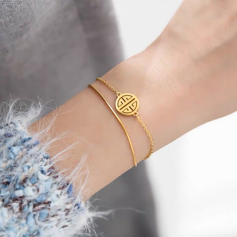 Gelang Lapis Titanium Steel 18k Rose Gold Desain Tulang Ular Gaya China