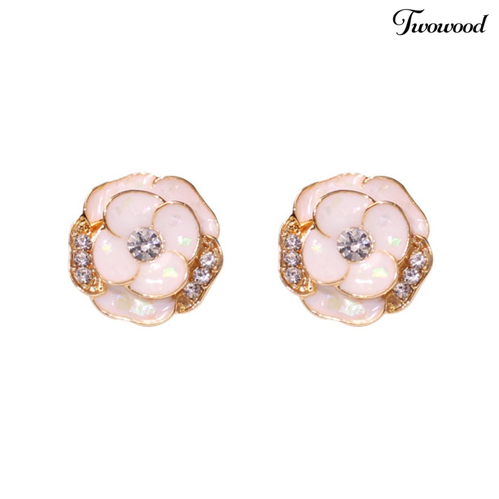 Twowood 1pasang Ear Studs Elegan Dainty Temperamen Berkilau Berlian Imitasi Enamel Bunga Wanita Anting Fashion Perhiasan