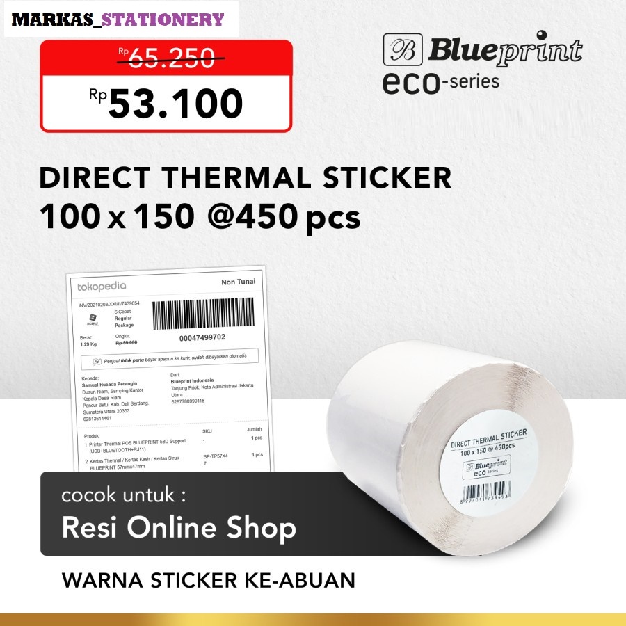 

Direct Thermal Sticker 100 x 150 , Label Resi BLUEPRINT ECO 100x150 mm Isi 450