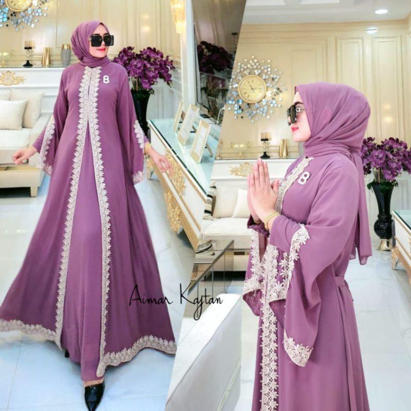 Busana Muslim Wanita Terbaru Gamis Putih Jumbo Aimar Kaftan Dress Lebaran Crinkle AirFlow Aksen Renda Baju Kondangan Gaun Pesta