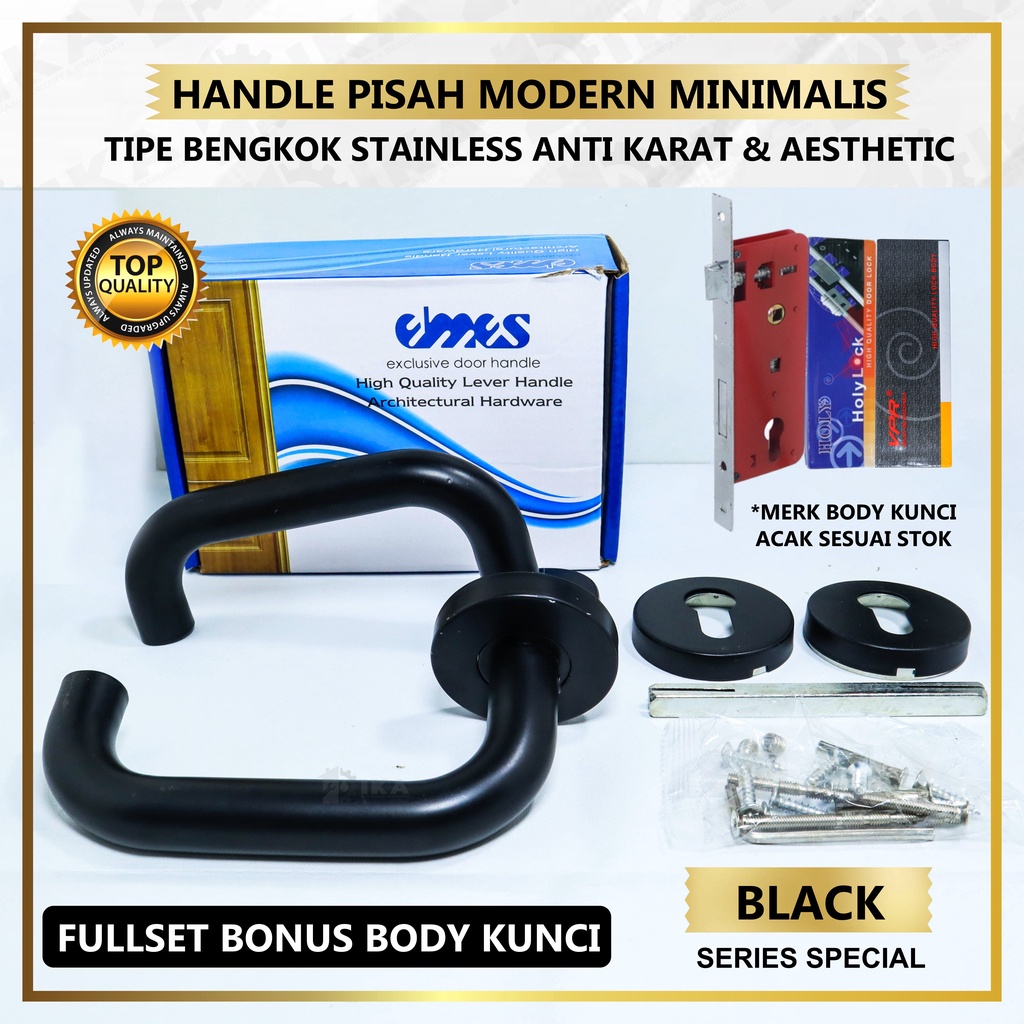 Gagang Pintu 1 set siap pasang, Gaya Eropa Handle Lock Door Model Lurus Bedroom Living Room Mechanical Anti-Theft / Kunci Pintu Full Handle Set Gagang Pintu Lurus Black Doff Premium Kunci pintu roses stainless 304 + body lidah