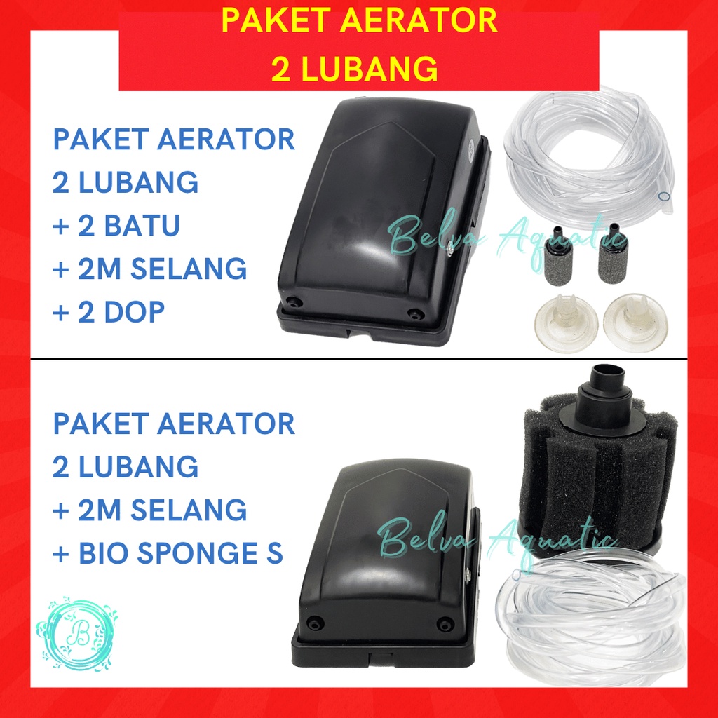 PAKET AERATOR 2 LUBANG + BATU GELEMBUNG UDARA / SPONGE FILTER + SELANG AQUARIUM Set Pompa Udara 2 Output Termasuk Air Stone Airstone Atau Bio Sponge Spons Biofoam dan Slang Aerasi Oksigen Ikan Tank Akuarium