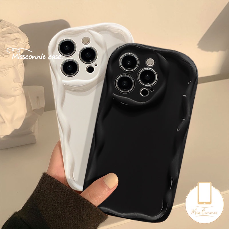 IPHONE Simple Fashion Warna Solid Wavy Edge Stereoscopic Cream Glossy Phone Case Kompatibel Untuk Iphone11Xr 78 Plus 11 12 13 14 Pro MAX X XS MAX Shockproof Soft TPU Back Cover