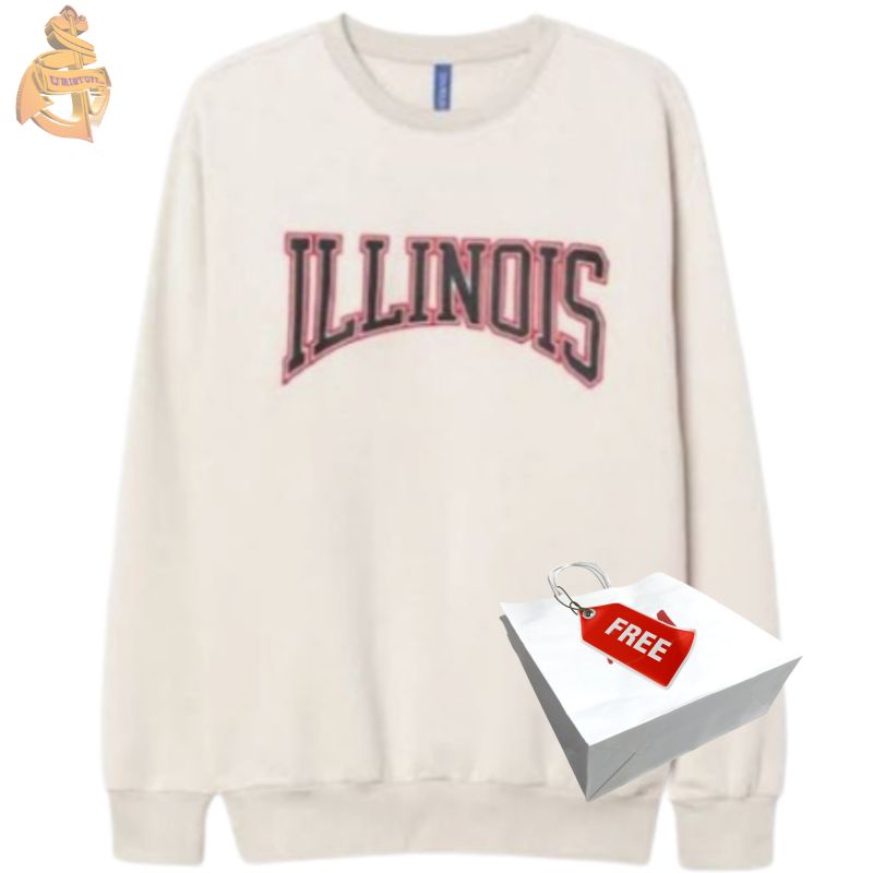 Hnm Sweater Crewneck Cream Pria Wanita Cewek Cowok H&amp;m ILLINOIS Full Tag Label Free Paper bag