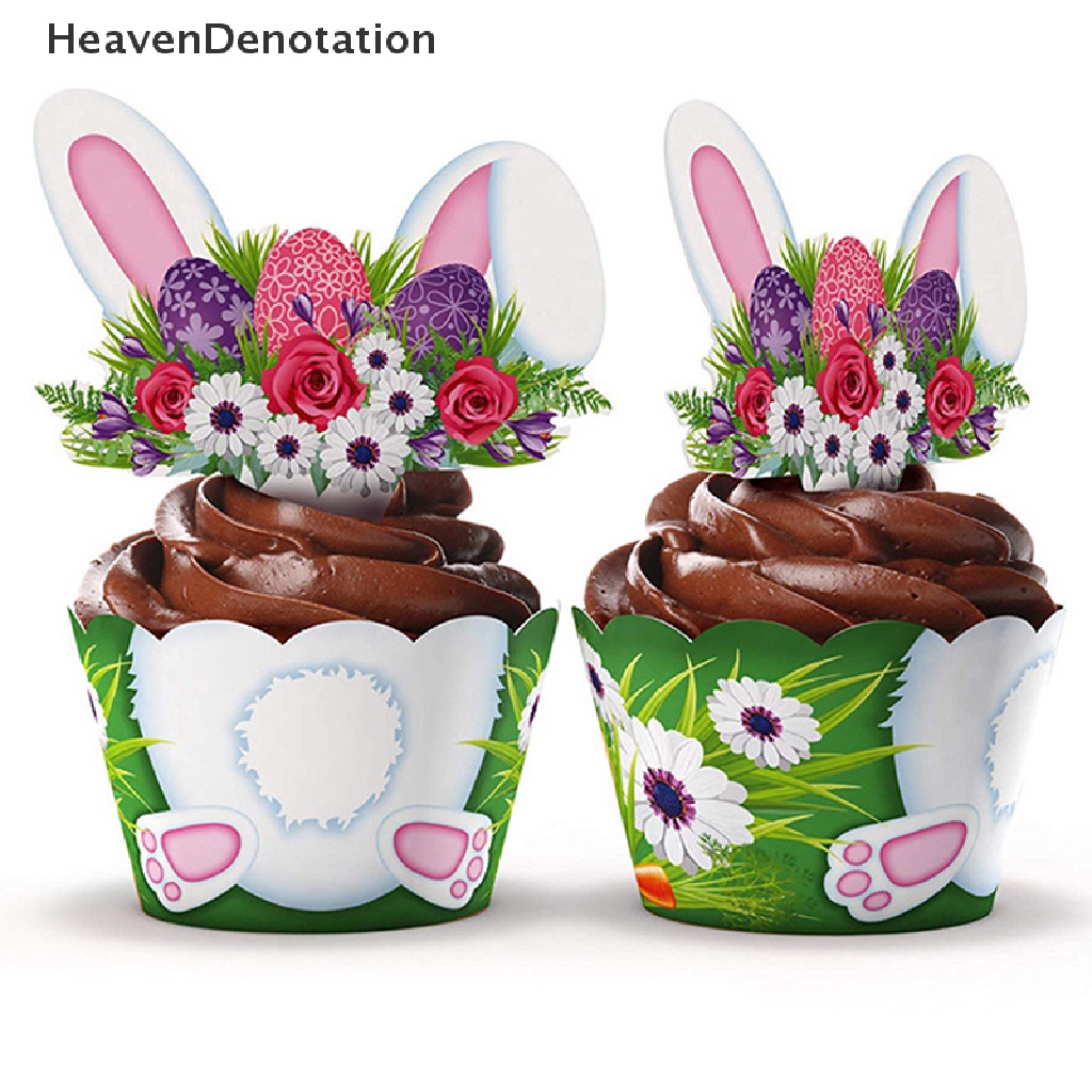 [HeavenDenotation] 24pcs/set Lovely Rabbit Cake Insert Card Wrapper Pesta Paskah Bunny Cake Topper HDV