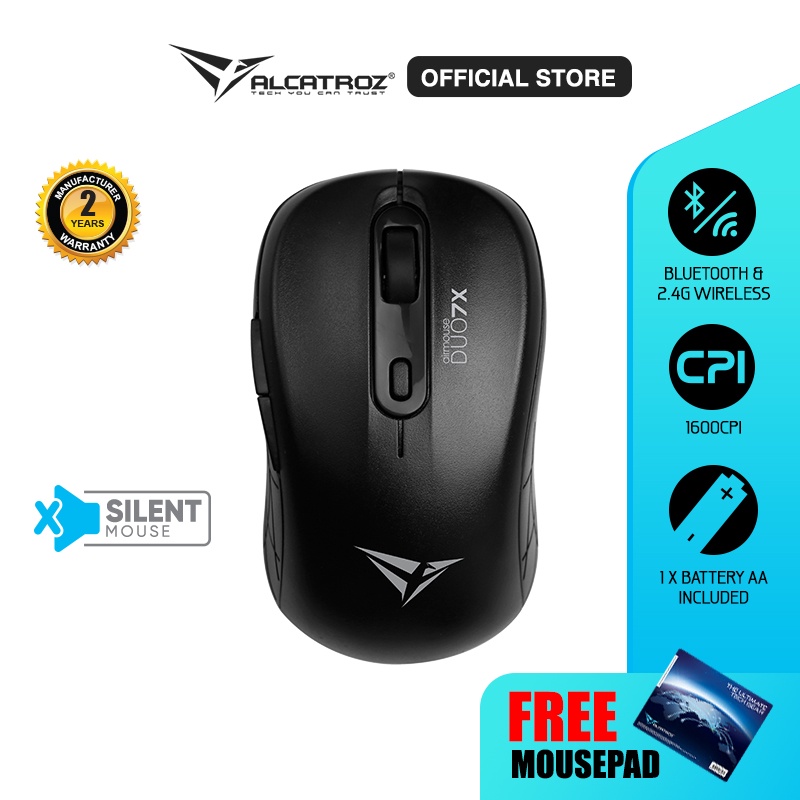 Mouse Wireless & Blueooth 5.0 Alcatroz  AirMouse Duo 7X Silent Click 2.4G Wireless  [Garansi Resmi 2