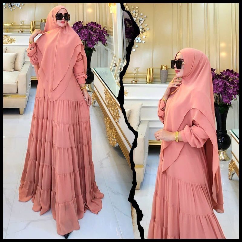 Gamis Syari Terbaru Baju Wanita Jumbo Shopiya Syari Set Khimar Bahan Ceruty Babydoll Full Furing Gaun Pesta Muslimah