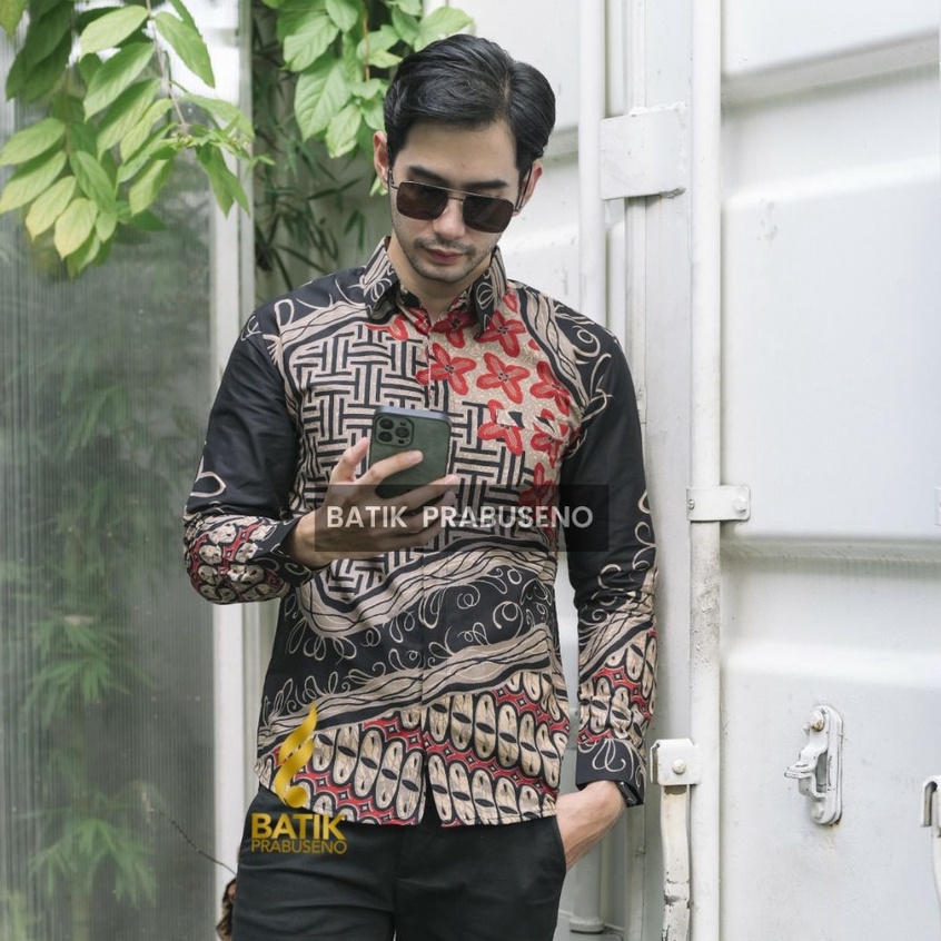 Atasan Hem SONETA HITAM Kemeja Batik Prabuseno Pria Slimfit Lengan Panjang Jumbo Premium Lapis Furin