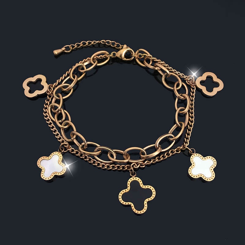 Gelang Rantai Lapis Ganda Bahan Titanium Steel 18k Warna Rose Gold Gaya Korea Hip-Hop Untuk Wanita