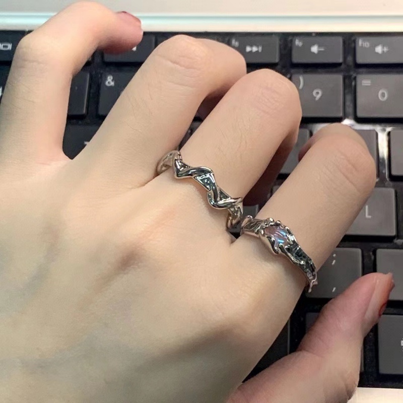 Roselife 1pc Punk Perak Geometris Tidak Teratur Logam Biru Moonstone Cincin Untuk Wanita Pria Fashion Memutar Terbuka Cincin Jari Manset Perhiasan Aksesoris