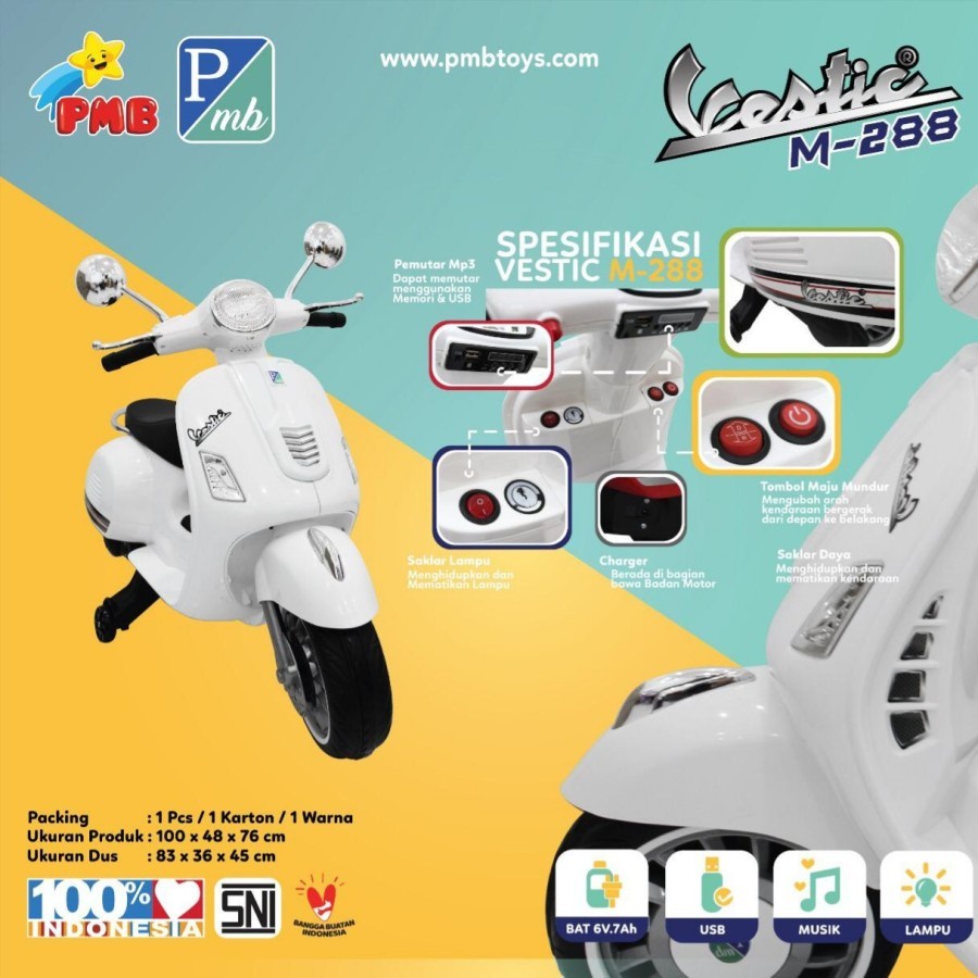 MOTOR AKI MAINAN ANAK VESPA MATIC SCOOTER VESTIC PMB M-288 - Putih