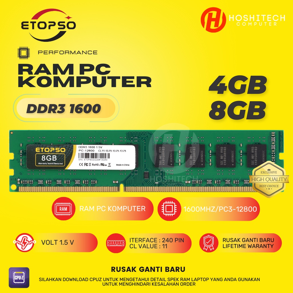 RAM PC DDR3 ETOPSO 8GB 4GB PC3 12800/1600 MHZ MEMORY KOMPUTER