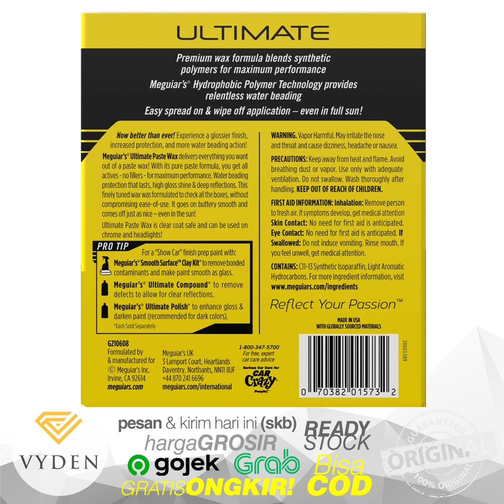 MEGUIARS Ultimate Paste Wax New Improved Formula 28,5gr Ecer Paste Pot Pengkilap Mobil Kemasan Kecil Wax terbaiknya Meguiars USA Semi Coating Efek Daun Talas Hydrophobic Tahan Lama