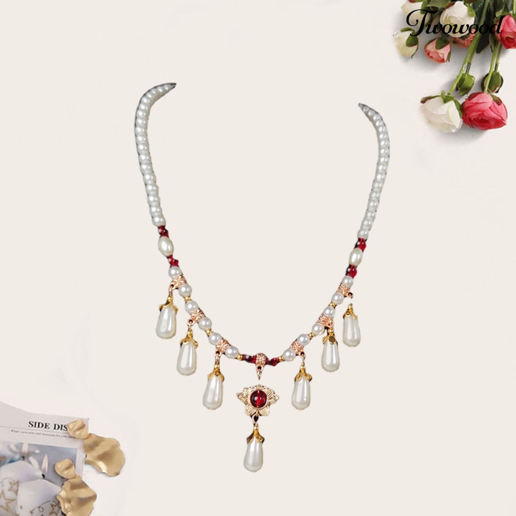 Twowood Hias Berlian Imitasi Teardrop Liontin Adjustable Vintage Kalung Wanita Mutiara Imitasi Cheongsam Necklace Perhiasan Aksesoris