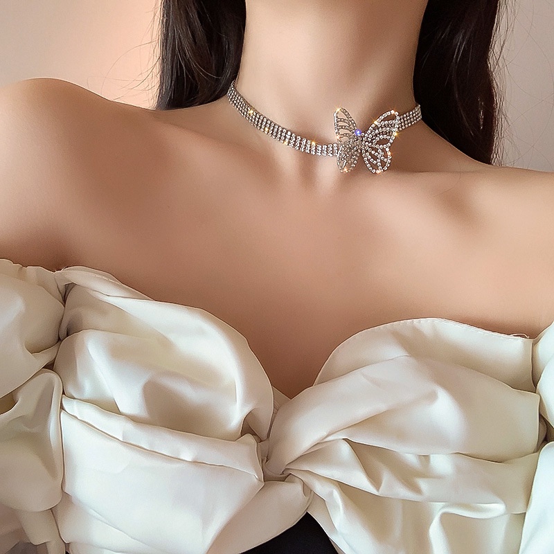 Kalung Kupu-Kupu Kristal Mewah Untuk Wanita Elegan Necklace Choker Perhiasan Aksesoris