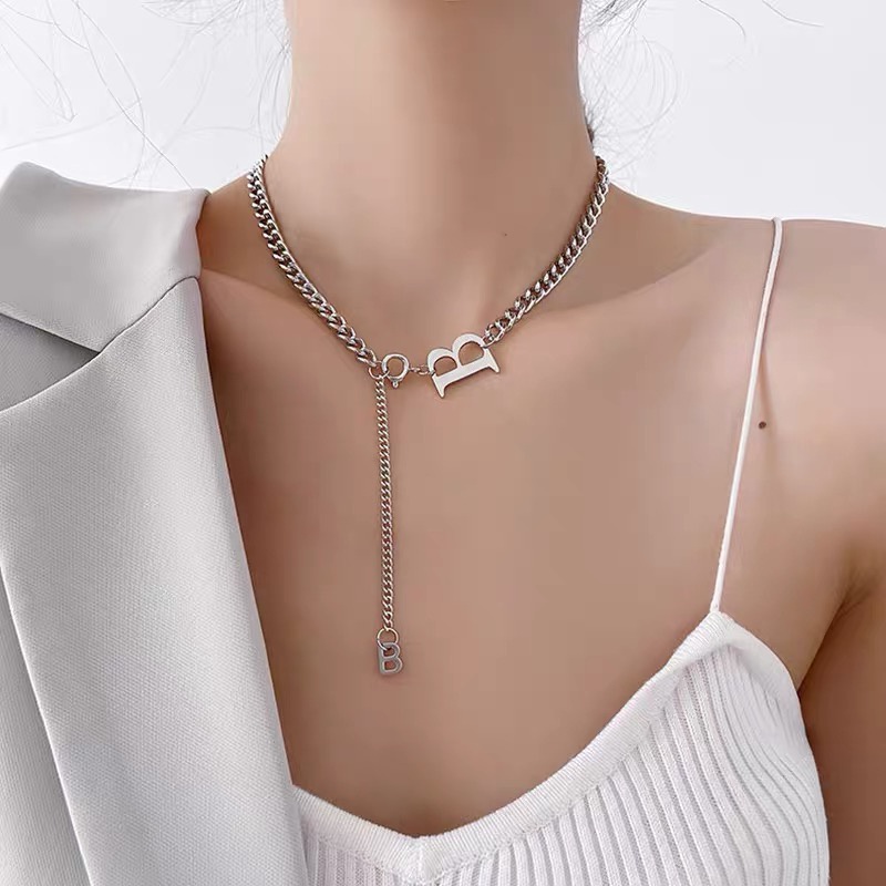 2022 Kalung Rantai Dengan Liontin Huruf B Untuk Wanita | Gelang Rantai Hypoallergenic Bahan Titanium Steel 18k Untuk Pasangan