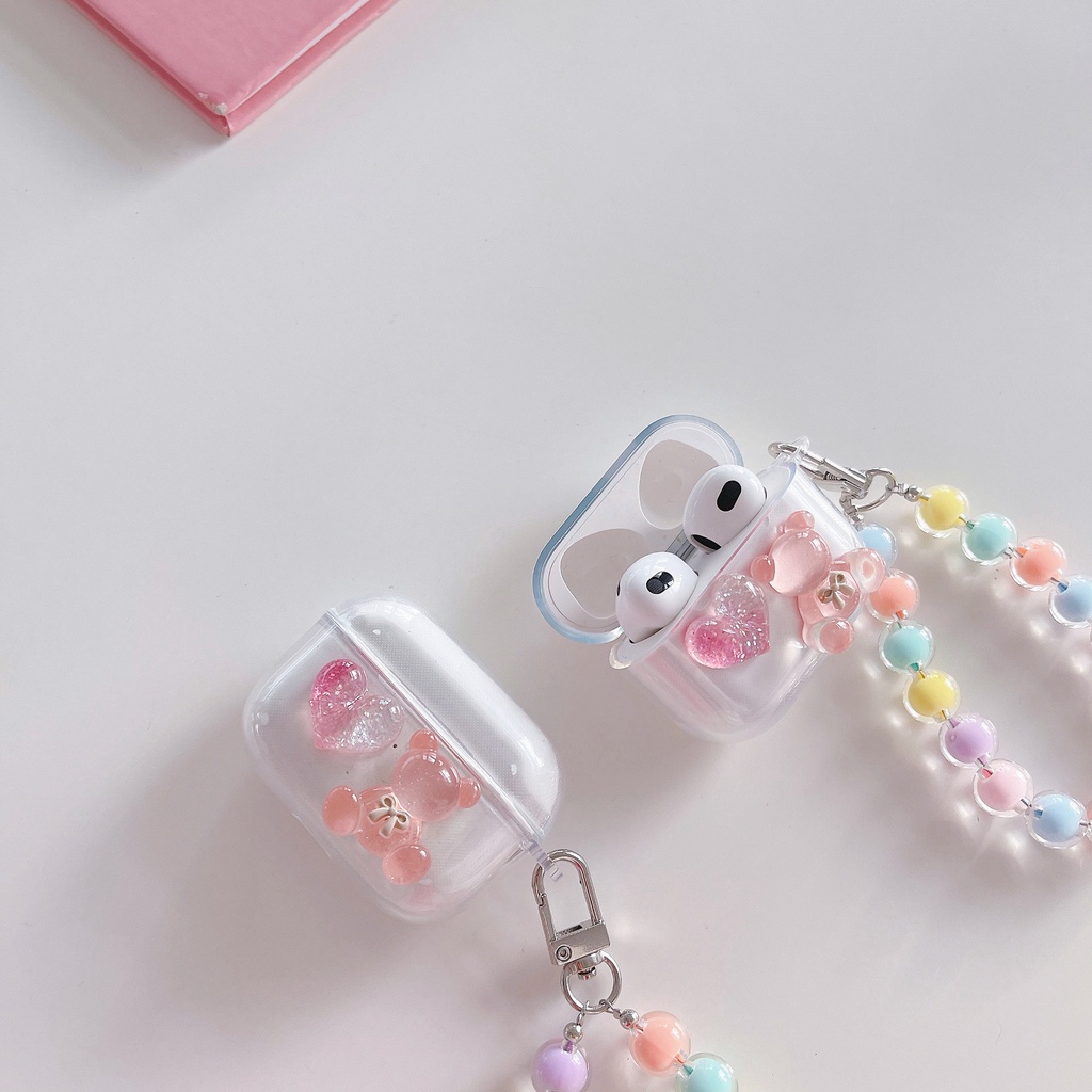 Korea Lucu Beruang Bening Earphone Case Kompatibel Untuk Airpods1 2 Pro Dengan Manik-Manik Gelang Pelindung Soft Cover Kompatibel Untuk Airpods 3rd Air pods Pro2