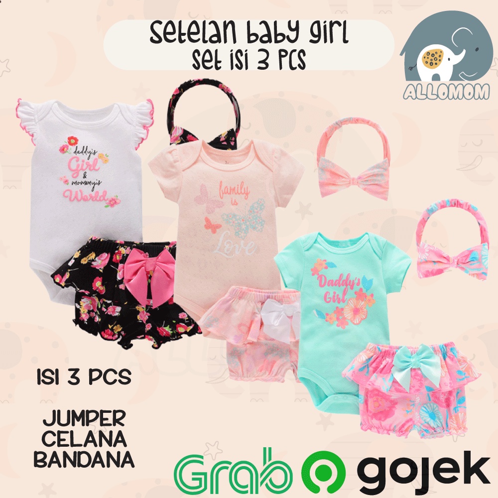 SETELAN BAJU CELANA BANDANA BABY GIRL / SET ISI 3 CEWEK LUCU 1 TAHUN KATUN