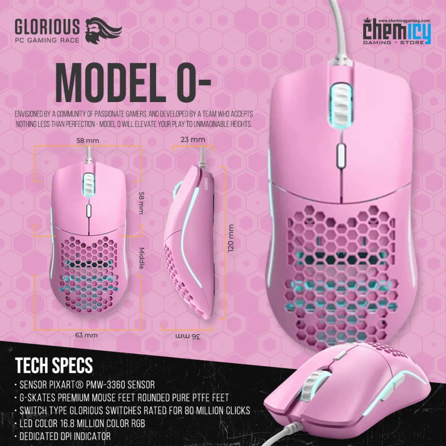 Glorious Model O Minus / O- Odin Matte Pink RGB Gaming Mouse